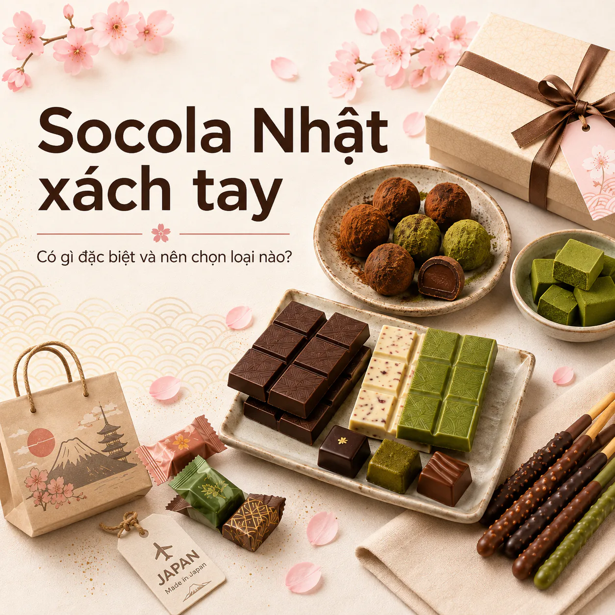 Socola Nhật xách tay với socola đen, matcha, bánh phủ socola và hộp quà phong cách Nhật Bản