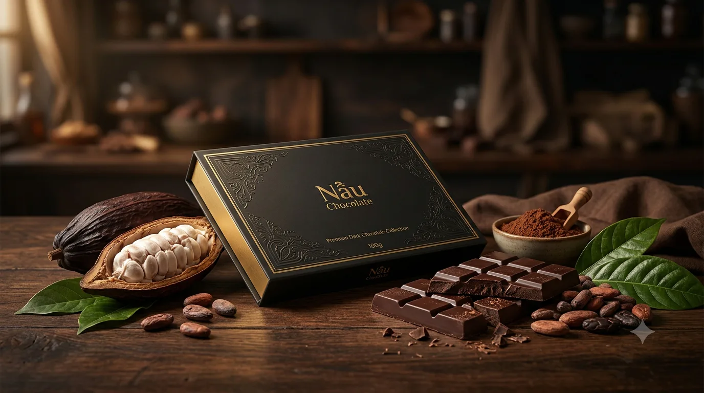 Hộp quà socola cao cấp Nâu Chocolate thiết kế sang trọng trên nền gỗ